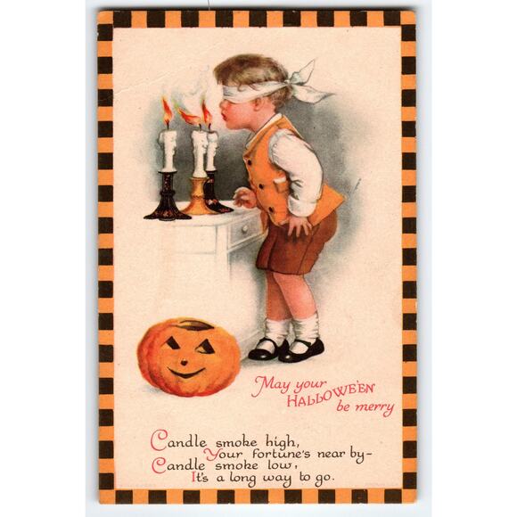 Ellen Clapsaddle Merry Halloween Postcard Boy JOL Lit Candles Wolf Series 31 - Picture 1 of 4